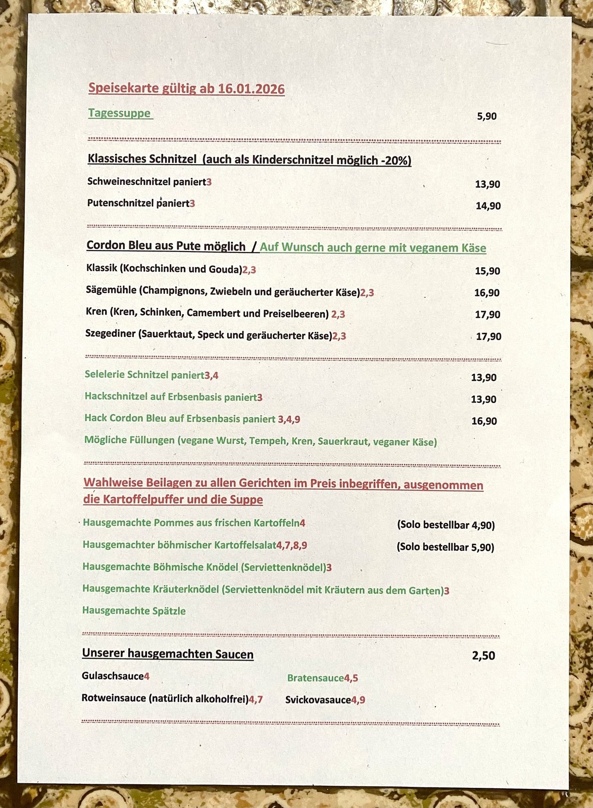 Speisekarte ab 16.01.2026
